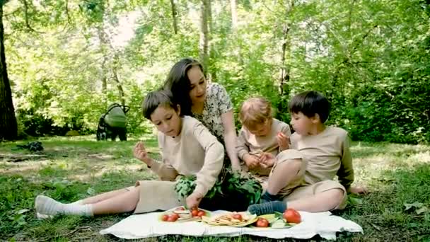 Η μαμά και οι τρεις γιοι το Σαββατοκύριακο σε πικνίκ στο πάρκο. — Αρχείο Βίντεο