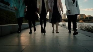 Kız arkadaşlığı. Şehirde 5 güzel kız geziyor. Onlar mutlular. Kızlar tanıştığımıza memnun oldu. Yürüyorlar ve konuşarak eğleniyorlar. Adım at. 20-25 yıl.