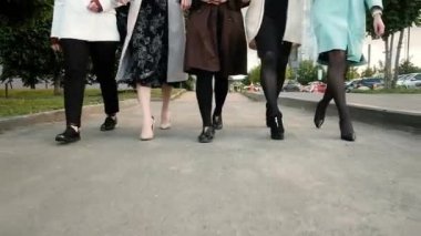 Kız arkadaşlığı. Şehirde 5 güzel kız geziyor. Onlar mutlular. Kızlar tanıştığımıza memnun oldu. Yürüyorlar ve konuşarak eğleniyorlar. Adım at. 20-25 yıl.