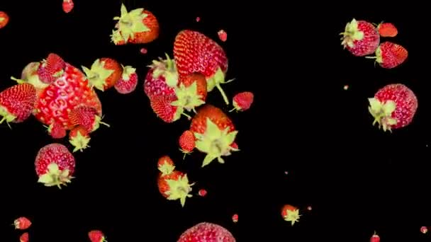Bewegingsanimatie van zoete aardbeien. Aardbeien druppels op een zwarte achtergrond. — Stockvideo