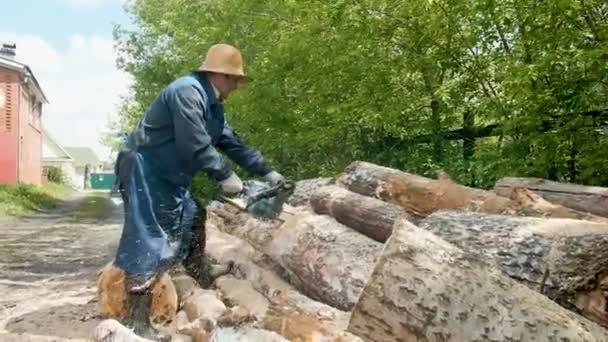 Egy ember fűrészelt fát láncfűrésszel. Erdőirtás, a fakitermelés fogalma. Egy munkás fát vág, és a forgács repül. Tűzifát készítek. A kemény munka fogalma. idős mezőgazdasági termelő 60-65 éves — Stock videók