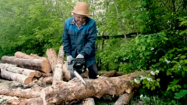 Man sawing wood with a chainsaw. Deforestation, concept of logging. A worker cuts a tree, and shavings fly. Making firewood. The concept of hard work. elderly farmer 60-65 years old — Stock Video