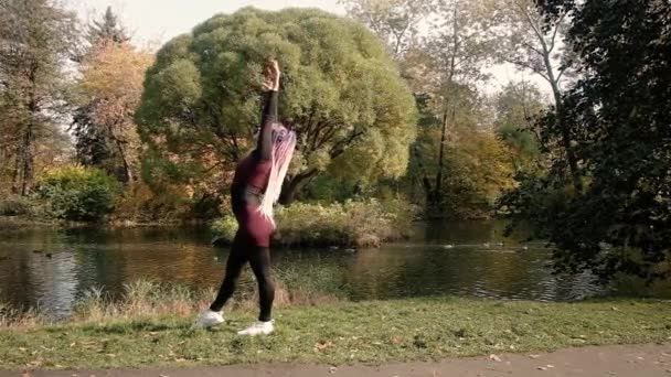 Krásná dívka se zabývá gymnastikou v parku. Fitness — Stock video