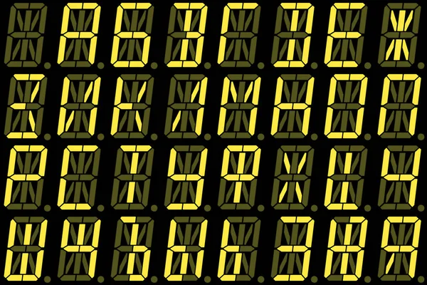 Fonte digital cirílica de letras maiúsculas no display LED alfanumérico amarelo — Fotografia de Stock