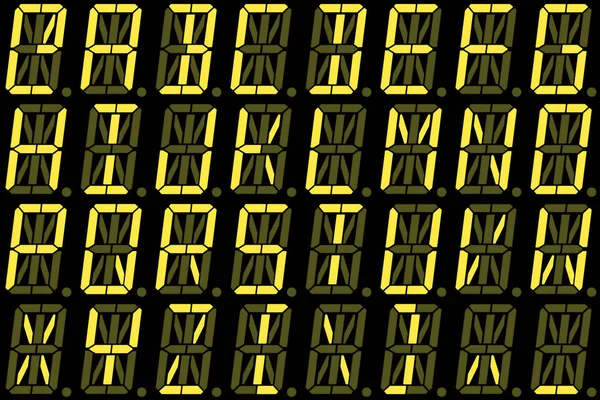 Digitalt typsnitt från versaler på gul alfanumerisk LED-display — Stockfoto