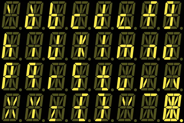 Digital font from small letters on yellow alphanumeric LED display — Stock Photo, Image