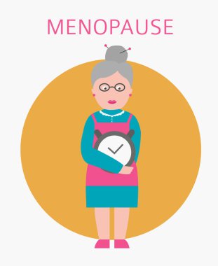 Menopoz simgesi üzerinde beyaz izole. Büyükanne çalar saat tutuyor. Vektör çizim