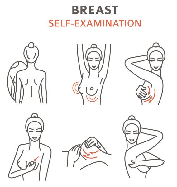 Breast cancer, medical infographic. Self - examination. Women`s health set. Vector illustration