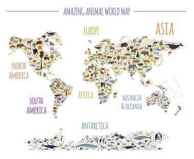 Düz dünya flora ve fauna Oluşturucu öğeleri eşleyin. Hayvanlar, kuşlar ve Deniz hayat izole büyük kümesi. Kendi Coğrafya infographics koleksiyonu oluşturmak. Vektör çizim
