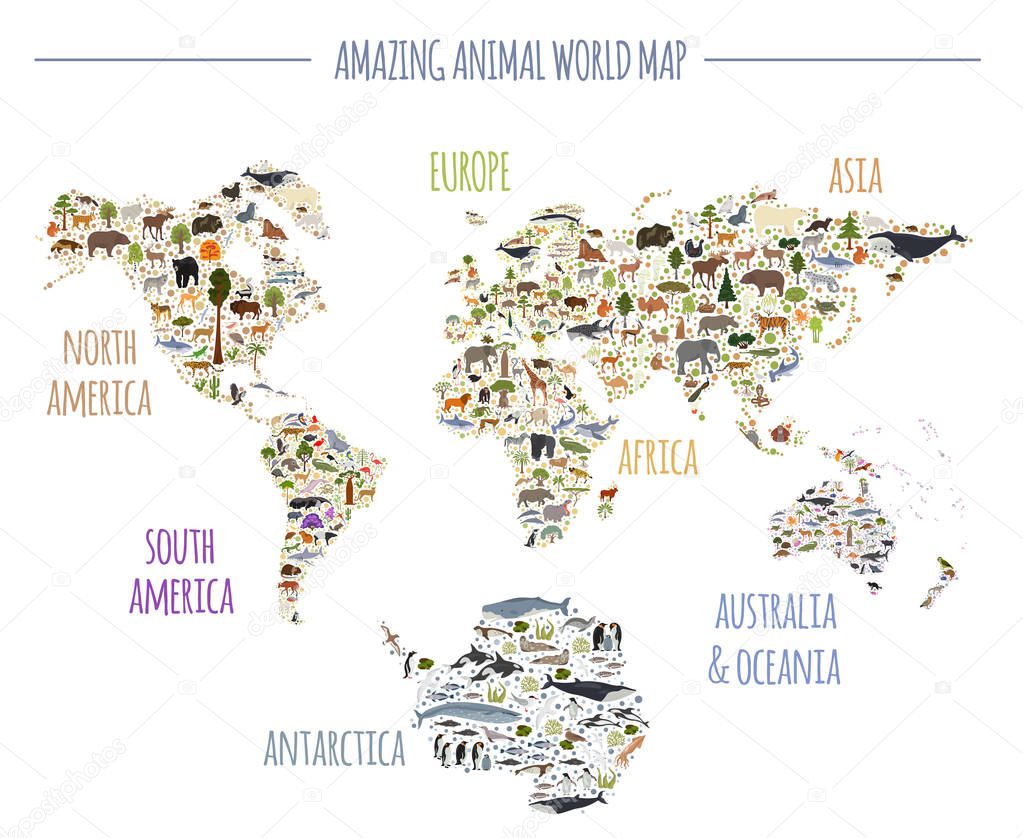 Flat world flora and fauna map constructor elements. Animals, birds and sea life isolated big set. Build your own geography infographics collection. Vector illustration