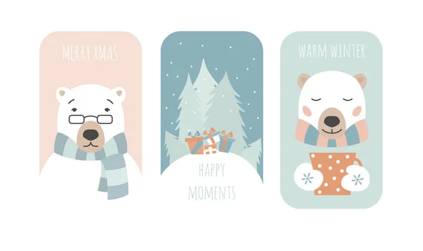 Cute Polar Bear Christmas Holiday Greeting Card Poster Design Vector — Stock Vector