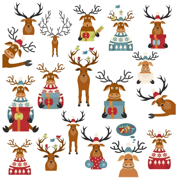 Cute Reindeer Sticker Icon Set Elements Christmas Holiday Greeting Card — Stock Vector