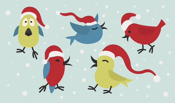 Söt Rolig Jultomten Fåglar Klistermärke Ikonuppsättning Element För Jul Gratulationskort — Stock vektor
