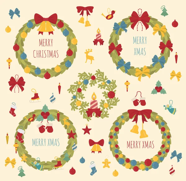 Couronne Noël Éléments Décoration Pour Carte Vœux Vacances Design Affiche — Image vectorielle
