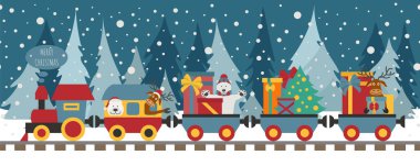 Ayı, Ren geyiği, hediyeler Noel tren. Çocuklar için seamless modeli. Vektör çizim