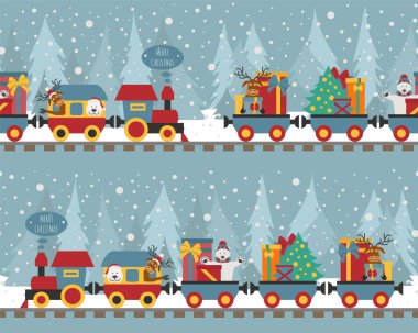 Ayı, Ren geyiği, hediyeler Noel tren. Çocuklar için seamless modeli. Vektör çizim