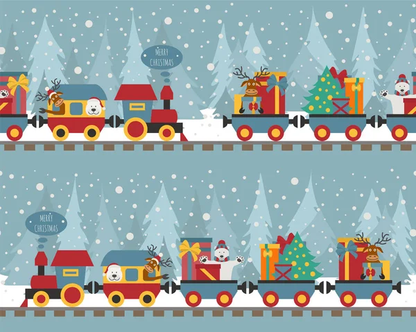 Christmas Train Bear Reindeer Gifts Seamless Pattern Children Vector Illustration — Stock Vector
