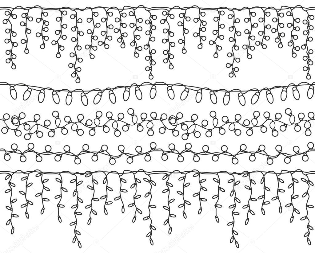 Christmas light garlands set. Outline isolated design seamless pattern. New year winter collection. Vector illustration