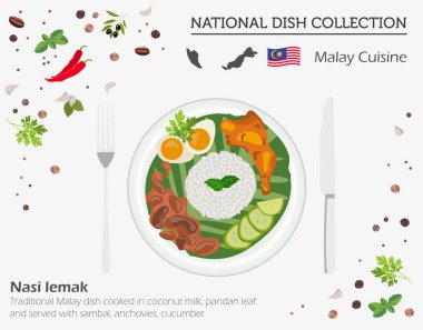 Hint mutfağı. Asya yerel yemeğiniyiyormuşsun koleksiyonu. Beyaz, infograpic izole Nasi lemak. Vektör çizim
