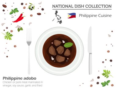 Filipin mutfağı. Asya yerel yemeğiniyiyormuşsun koleksiyonu. Beyaz, infograpic izole adobo. Vektör illustratio