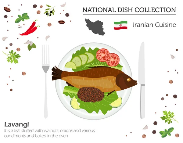 Cocina Iraní Oriente Medio Colección Platos Nacionales Lavangi Pescado Aislado — Vector de stock