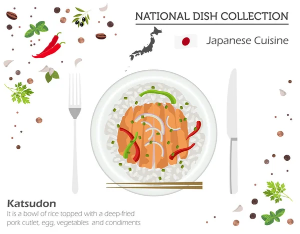 Cocina Japonesa Colección Platos Nacionales Asiáticos Katsudon Aislado Blanco Infografía — Vector de stock
