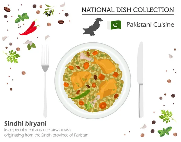 Pakistanska Rätter Asiatiska Nationalrätt Samling Kött Och Ris Isolerad Vit — Stock vektor