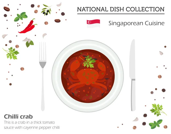 Cocina Singapurense Colección Platos Nacionales Asiáticos Cangrejo Chile Aislado Blanco — Vector de stock