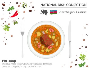 Azeri mutfağı. Beyaz yerel yemeğiniyiyormuşsun koleksiyonu. Beyaz, infograpic izole Pīti çorba. Vektör çizim
