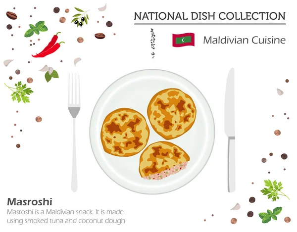 Cocina Maldiva Colección Platos Nacionales Asiáticos Masroshi Aislado Blanco Infografía — Vector de stock