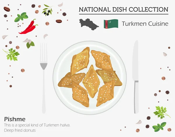 Turkmen Cuisine Koleksi Masakan Nasional Asia Pishme Diisolasi Pada Putih - Stok Vektor