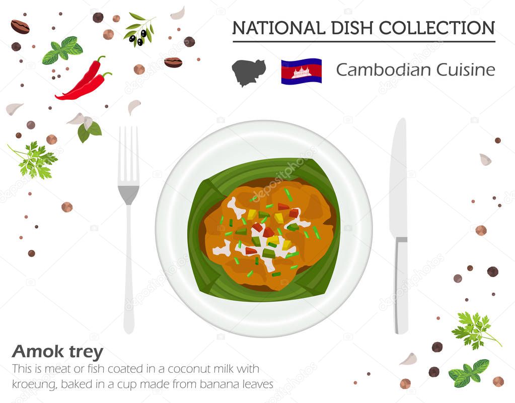 Cambodian Cuisine. Asian national dish collection. Amok trey isolated on white, infograpic. Vector illustration