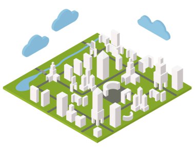 İzometrik kasaba Oluşturucu şehir haritası oluşturmak için ayarla. Basit minimalist Ofis binaları tasarım. Vektör çizim