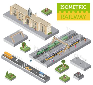 3D izometrik tren istasyonu ve şehir üzerinde beyaz izole Oluşturucu öğeleri eşleyin. Kendi demiryolu Infographic koleksiyonu oluşturmak. Vektör çizim