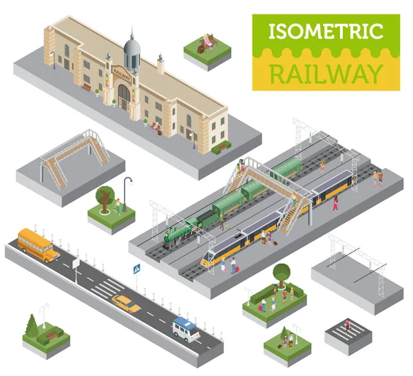 Трехмерный Изометрический Железнодорожный Вокзал Элементы Конструктора Карты Города Изолированы Белом — стоковый вектор