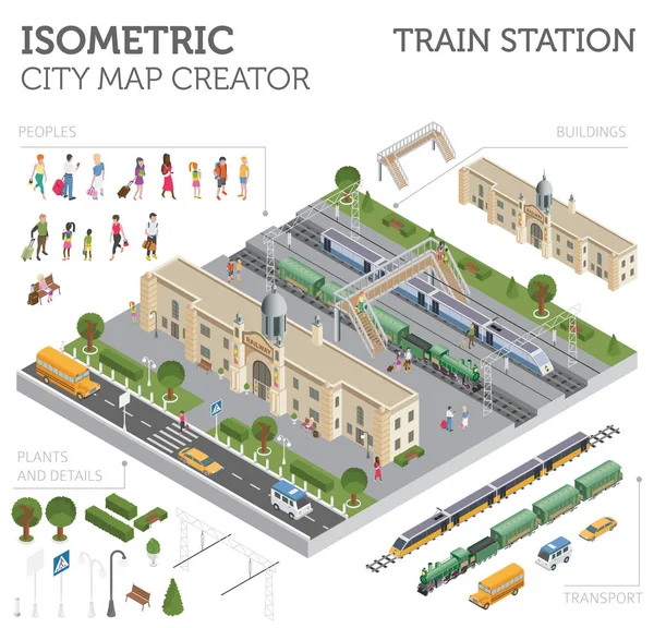 Isométrico Estação Ferroviária Elementos Construtor Mapa Cidade Isolado Branco Construa —  Vetores de Stock