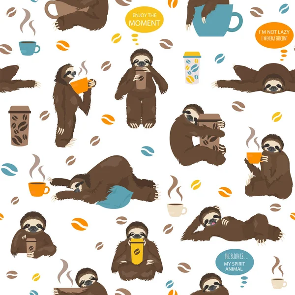 Лінивці п'ють безшовний візерунок кави. Забавні мультиплікаційні тварини в d — стоковий вектор