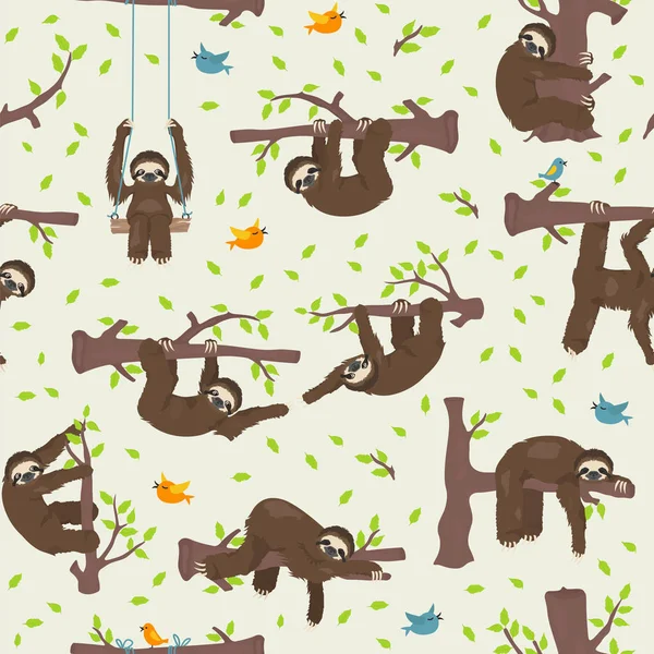 Смешные мультяшные ленивцы, свисающие с деревьев. Бесшовный рисунок — стоковый вектор