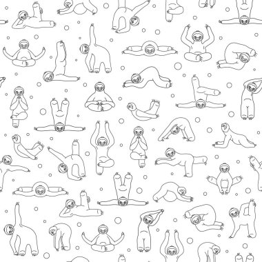 Tembellik yoga seamless modeli. Komik karikatür hayvanlarda farklı 