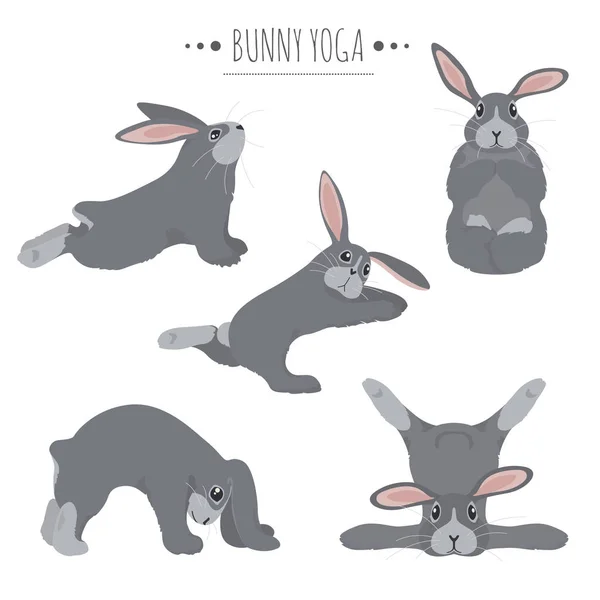 Bunny yoga poses and exercises. Cute cartoon clipart set — Stock Vector