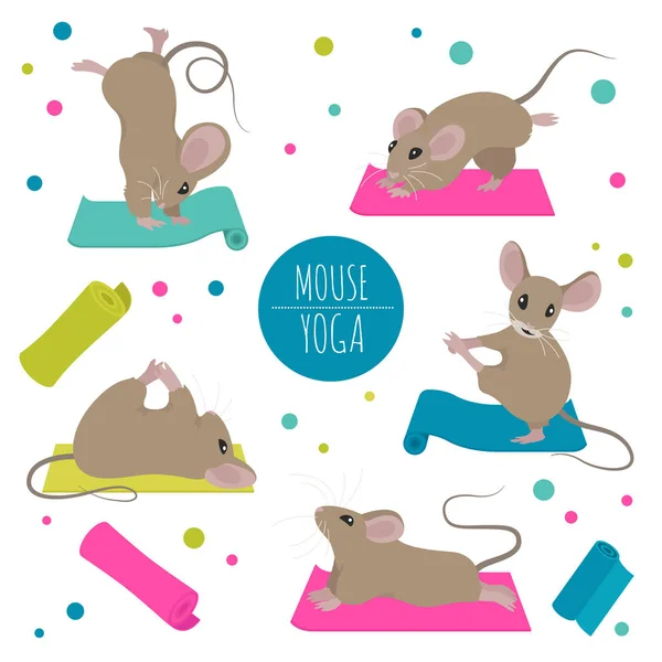 Souris poses de yoga et des exercices. Mignon jeu de cliparts de bande dessinée — Image vectorielle