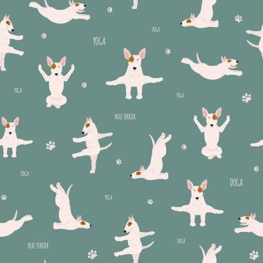 Yoga dogs poses and exercises. Bull terrier seamless pattern