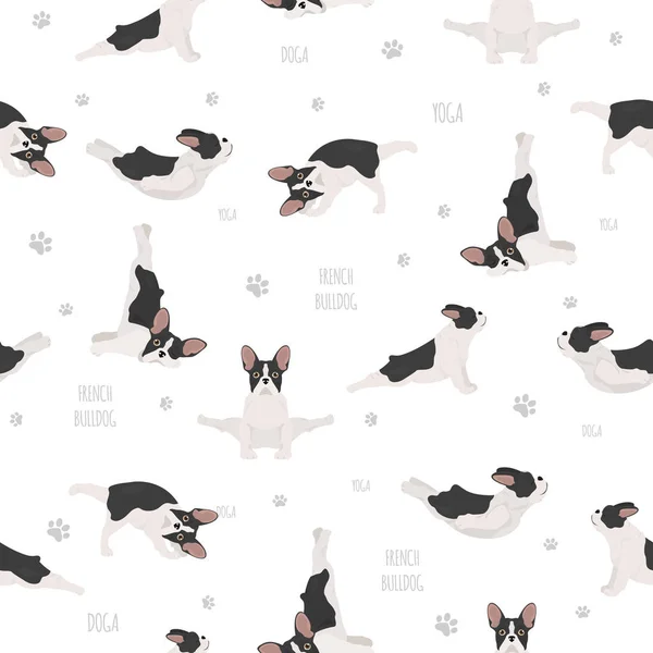 ヨガの犬のポーズや演習。フランスのブルドッグシームレスパターン — ストックベクタ