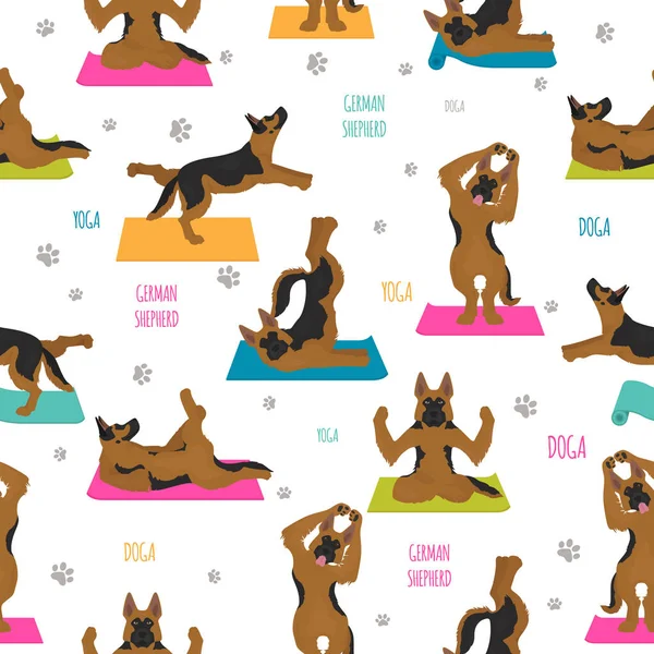 Yoga dogs poses and exercises. German shepherd seamless pattern — 스톡 벡터