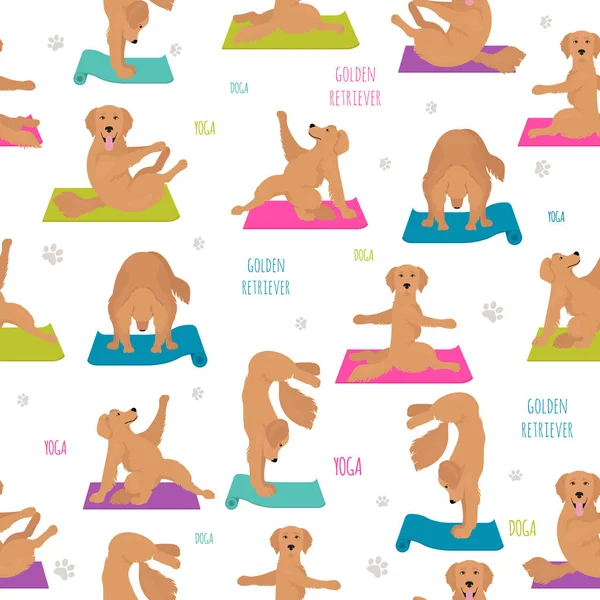 Yoga-Hunde posieren und üben. Golden Retriever nahtloses Muster — Stockvektor