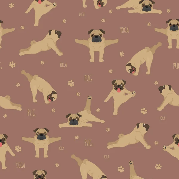 Yoga chiens pose et des exercices. Pug motif sans couture — Image vectorielle