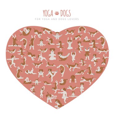 Yoga köpekleri pozlar ve egzersizleri clipart yapıyor. Komik karikatür poste