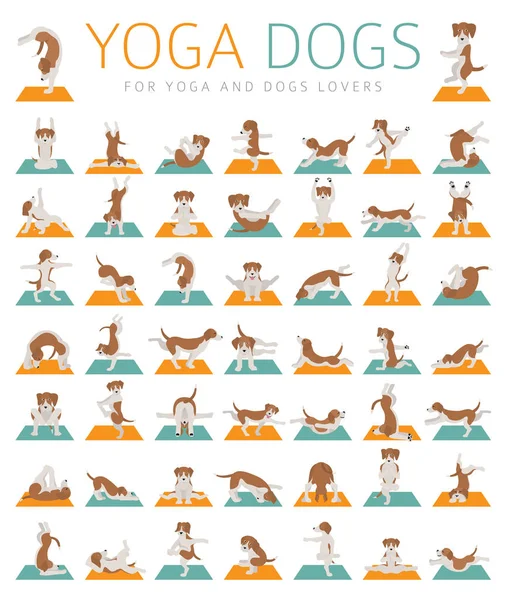 Yoga cani pose ed esercizi facendo clipart. Divertente cartoni animati poste — Vettoriale Stock