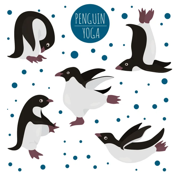 Pingouin yoga poses et exercices. Mignon jeu de cliparts de bande dessinée — Image vectorielle