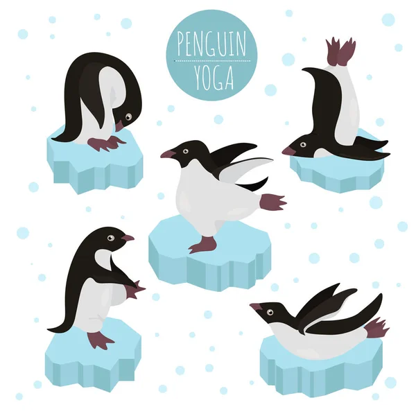 Pingouin yoga poses et exercices. Mignon jeu de cliparts de bande dessinée — Image vectorielle